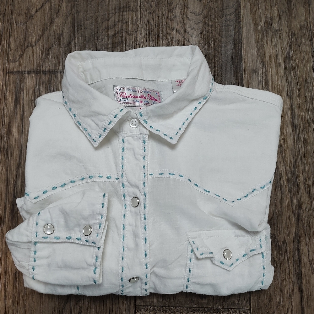 Panhandle Slim white with decorative stitches white pearl snap shirt Size L - Picture 10 of 16